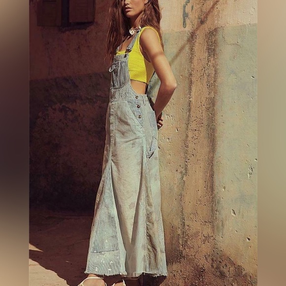 Free People Dresses & Skirts - Free People Heritage Skirtall Blue Distressed Stripe Maxi Denim Dress